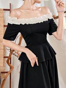 Modelyn 女性優雅二件套：拼色露肩上衣配褶皺下擺和人造珍珠裝飾，配長高腰裙