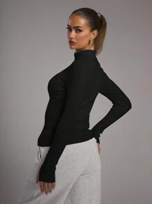 Musera Sport 柔软罗纹全拉链立领长款外套，适合板式网球、网球、匹克球、健身房、冬季普拉提、日常休闲穿着。 - 黑色 - 查看 5