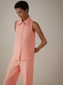 Aveloria Modichic 無袖無領上衣和長褲套裝，帶有條紋飾邊 - 橘色 - 查看 2