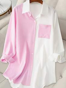 Camisa Longa Feminina Fashon com Blocos de Cor e Bolsos, Blusas de Manga Longa