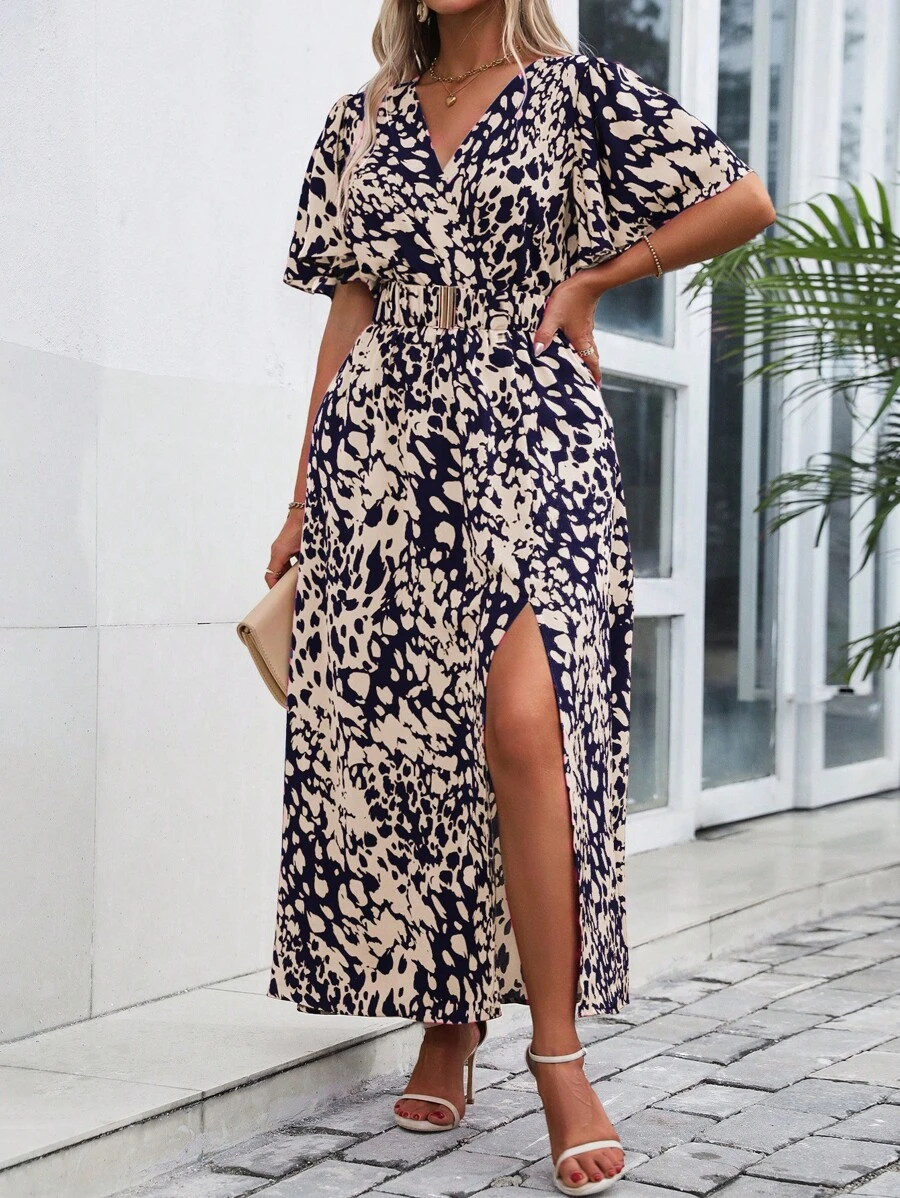 SHEIN Clasi Đầm Maxi In Hoa Tay Phồng Chia Đùi Có Thắt Lưng Cho Nữ - Màu xanh hải quân - Xem 1
