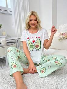 Conjunto de pijama de manga corta y pantalón largo con patrón de aguacate para mujer - Verde - Ver 2