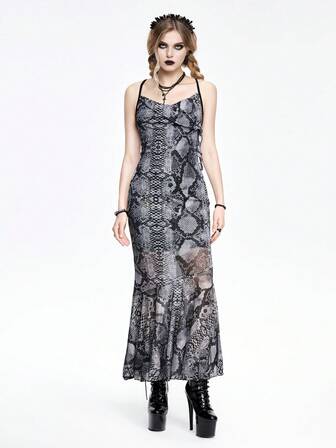 Goth Mature Women's Sexy Draped Neck Mesh Printed Bodycon Mermaid Dress Dress For Party