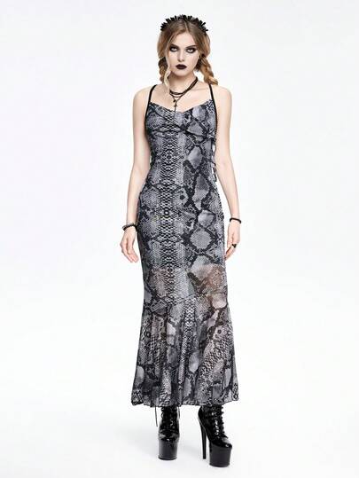 Goth Vestido de sirena de mujer madura ajustado al Body con cuello drapeado sexy, con impresión de malla para fiesta