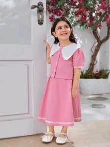 SHEIN Girls' Summer New Simple Fashion Color Block Collar And Cuff Waist Lace Design Soft And Comfortable Short Sleeve Dress - Pink - View 3