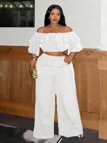 Slaydiva Casual Basic Ruffle Ruffle Edge Wide Leg Pants Plus Size Women's Set