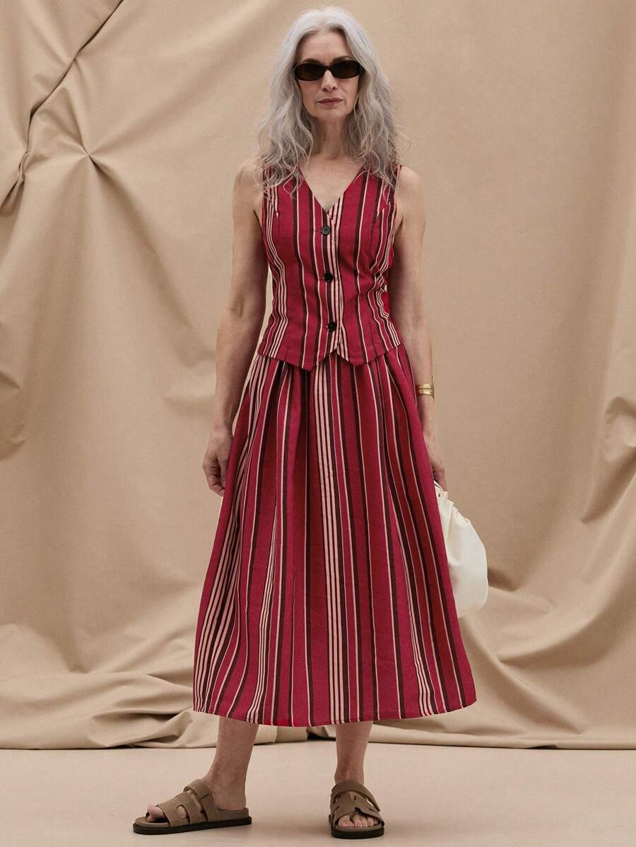 SHEIN LUNE Women's Vacation & Casual Striped Colorblock Skirt - Multicolor - View 1