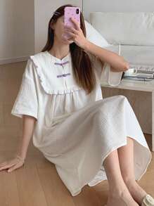 DAZY Chinese Style Home Dress With Frog Button And Frill Trim Pajama - White - View 1