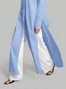 Ontre New 2026 Spring/Summer Women's Casual Loose Vacation Matching Shirt, Blue Long Shirt, Women's Shirt, Women's Button-Up Shirt, Commuting, Summer Business Casual Women's Vacation Beach Birthday Party Outfit, Women's Teacher Outfit, Light Blue Women's Office Wear Modern Urban Casual Fashion Business Casual Women's Office Wear Low-Key Old Money Style Effortless Temperament High-End Urban Commuting High-Quality Airport Women's Wear High-End Material - Blue - View 6