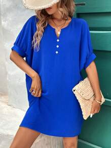 SHEIN LUNE Robe décontractée à manches plissées amples à encolure en V crantée et coupe ample en unicolore