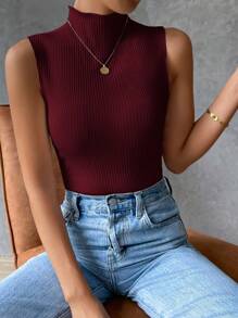 SHEIN Clasi Camiseta sin mangas de verano para mujer de cuello alto en unicolor, sencilla y a la moda
