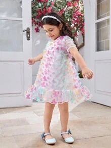SHEIN 女孩夏季假日彩虹刺繡寬鬆A字網紗公主裙，短袖和圓領，適合舞會和生日慶祝活動 - 粉色 - 查看 1