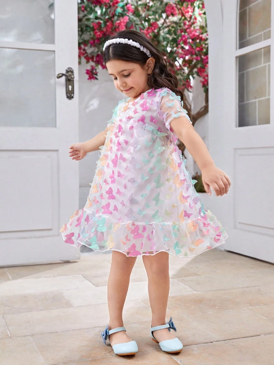 SHEIN 女孩夏季假日彩虹刺繡寬鬆A字網紗公主裙，短袖和圓領，適合舞會和生日慶祝活動 - 粉色 - 查看 1