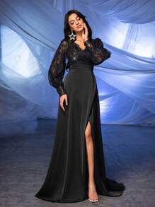 SHEIN Belle 女士黑色亮片燈籠袖長款婚禮連衣裙，分割式裙擺 - 黑色 - 查看 3