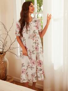 Women's Short Sleeve Sleep Dress With Big Floral Print - Multicolor - View 2