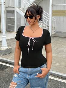 SHEIN EZwear 夏季大码缎面蝴蝶结芭蕾风格短袖 T 恤 - 黑色 - 查看 4