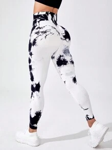 SHEIN Core Rhythm Leggings deportivos con control de abdomen y estampado tie-dye para mujer