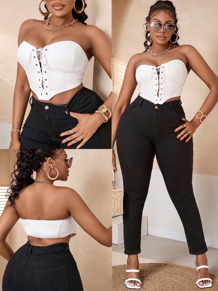 Plus Size Women's Sexy Stretchy Denim Top, Strapless With White Color