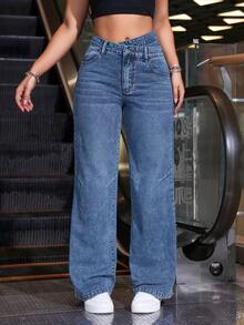 SHEIN EZwear Quần jean denim lưng cao bất đối xứng dáng rộng dáng rộng cho nữ - Rửa trung bình - Xem 2