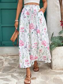 Chiquease Falda de talle alto con decoración de lazo y estampado floral para vacaciones, conjunto de ropa de mujer