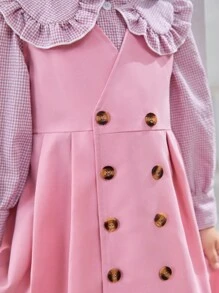 SHEIN New Arrival Girls' Sweet Pink Plaid Shirt With Peter Pan Collar, Buttoned Cuff And Solid Color Pleated Tank Dress Set, Spring & Autumn - Pink - View 6
