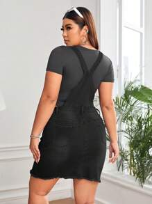 SHEIN EZwear Đầm Denim kích thước lớn Nút Túi Hem thô Bị tách màu trơn Giải trí - màu đen - Xem 2