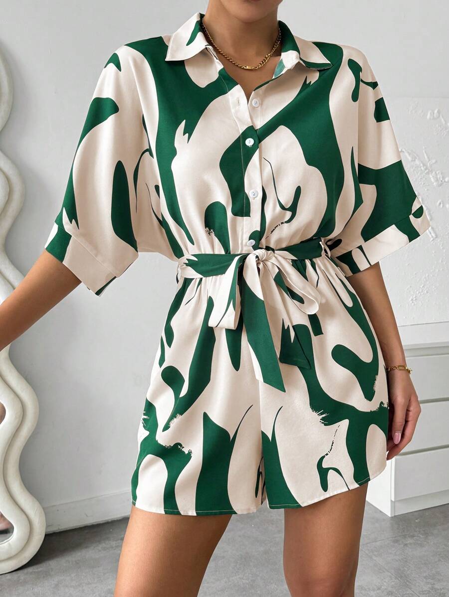 SHEIN LUNE Women's Summer Casual Random Printed Batwing Sleeve Jumpsuit - Multicolor - View 1