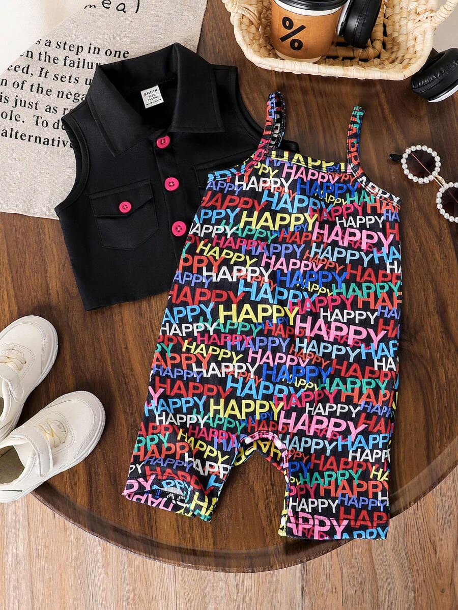 SHEIN Baby Girl Single-Breasted Vest And Letter Printed Strap Romper Set - Multicolor - View 1