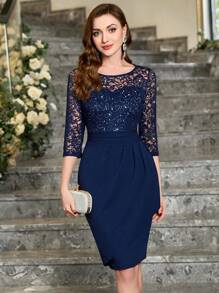 MIUSOL Sequin Floral Lace Round Neck Wrap Hem Cocktail Party Pencil Dress, For Valentine's Day - Navy Blue - View 2
