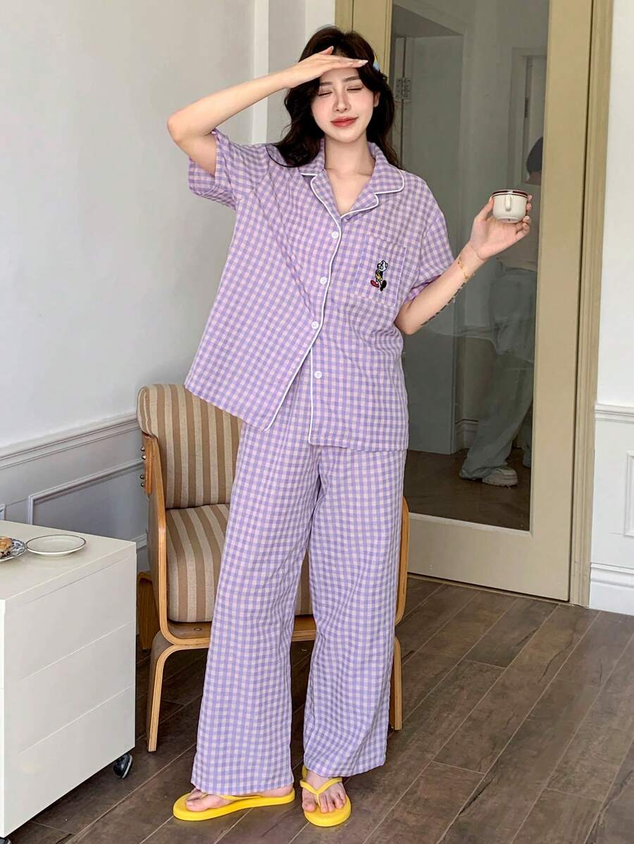 DAZY Plaid Cartoon Embroidery Pattern Sleepwear Set Pajama - Purple - View 1