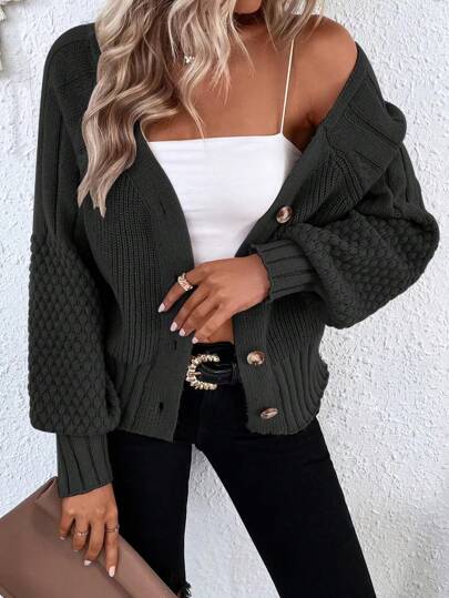EMERY ROSE Raglan Sleeve Textured Knit Cardigan Button Up Cardigangreen Cardiganchunky Cardigan Fall Winter Cloth For Women
