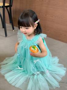 Baby Girls' Lake Blue Layered Mesh Tutu Dress With Heavy Embroidery Neckline, Perfect For Parties And Holidays - Mint Blue - View 5