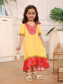 Girls' Summer Printed Dress With Lace Hem And Pendant, Mommy And Me Matching Outfits (3 Pieces Sold Separately) - Multicolor - View 5