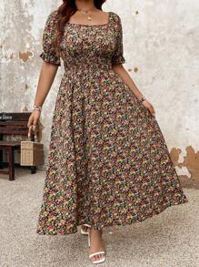 SHEIN LUNE Plus Size Square Neck Floral Print Shirred Summer Short Sleeve Dress - Multicolor - View 7