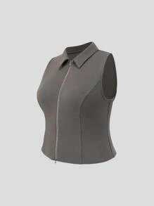 SHEIN EZwear 大碼雙頭拉鍊溜口商務暗灰色上衣，襯衫領 - 深灰色 - 查看 4