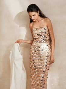 Anewsta Vestido de verano elegante de lentejuelas y ajustado, diseñador, con camisola brillante, atuendo de mujer de largo maxi para fiestas de Año Nuevo y vacaciones - Dorado - Ver 6