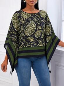 Zolique Multicolor Printed Poncho Loose Silk-Like Shirt - Multicolor - View 4