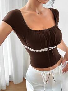 SHEIN EZwear 泡泡袖修身T恤，透視條紋方領設計 - 棕色 - 查看 3