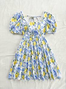 Soleia Women's Shirred Puff Sleeve Lemon Printed Tie Waist Mini A-Line Dress, Vacation Afternoon Tea Party Summer Dress - Multicolor - View 3