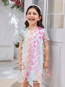 SHEIN 女孩夏季假日彩虹刺繡寬鬆A字網紗公主裙，短袖和圓領，適合舞會和生日慶祝活動 - 粉色 - 查看 3