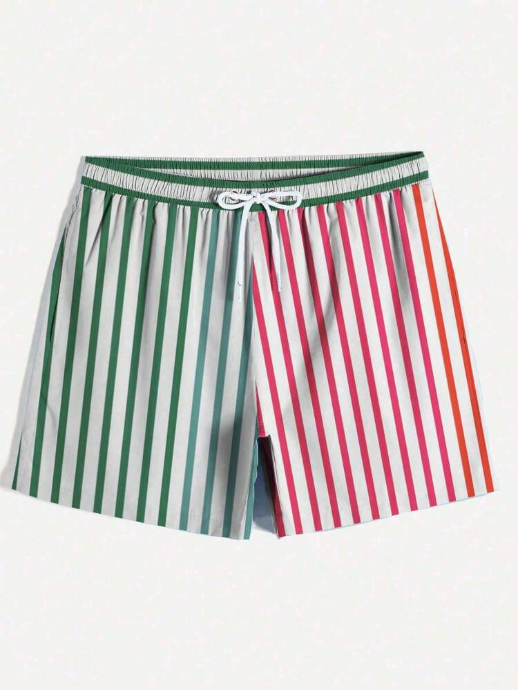 Men's Drawstring Waist Beach Shorts With Colorblock Striped Pattern