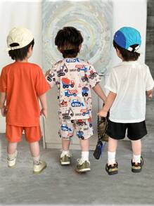 Young Boy 2pcs/Set Cute Car Printed Mix & Match Casual Daily Comfortable Excavator Outfits, Suitable For Summer Brother Matching Fun Cartoon - Multicolor - View 2