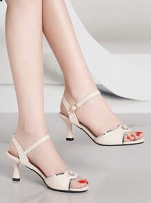 Women's Peep Toe Faux Pearl Decor Strap Block Heel Sandals
