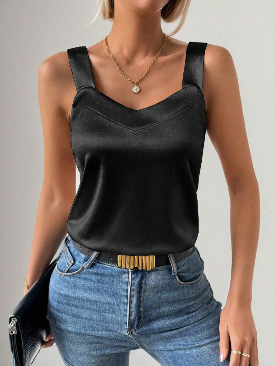 Chiquease 女性夏季純色時尚背心上衣 - 黑色 - 查看 1