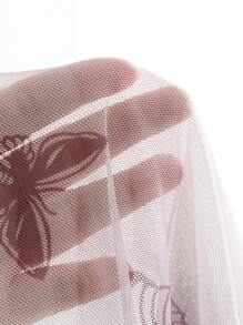 All Allover Print Butterfly Sheer Mesh See-Through Sexy Round Neck Tie-Up Crop Top With Long Sleeves - Redwood - View 9