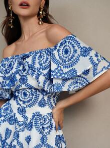 Anewsta Off Shoulder Ruffle Hem Double Layer Beach Vacation Dress