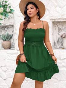 Sunserae Große Größen Boho einfarbiges Spitzeneinsatz Volant Saum Trägerkleid, Sommer