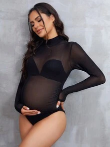 Maternity Mock Neck Sheer Mesh Bodysuit For Photoshoot Outfits With Long Sleeve