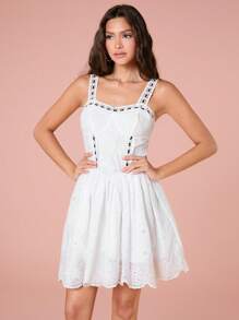 Enchnt Vestido de verano casual para mujer con bordado calado y cinturón ajustado - Blanco y Negro - Ver 5