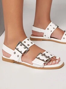 SHUZIA Women's Perfect Replica Square Toe Sandals - Chunky Grommets, Oversized Buckles, Angular Silhouette, Sophisticated + Fearless Punk